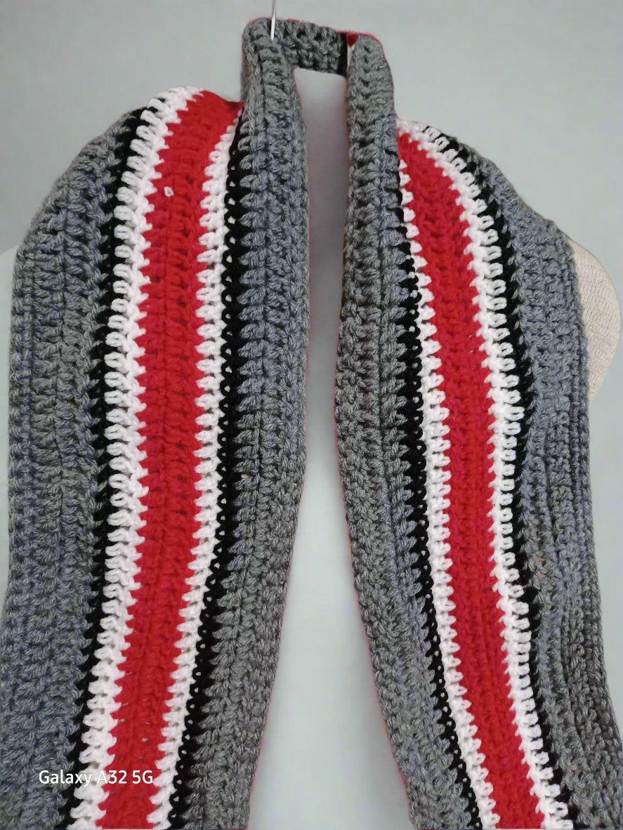 Scarlet & Gray Crocheted Fringed Scarf