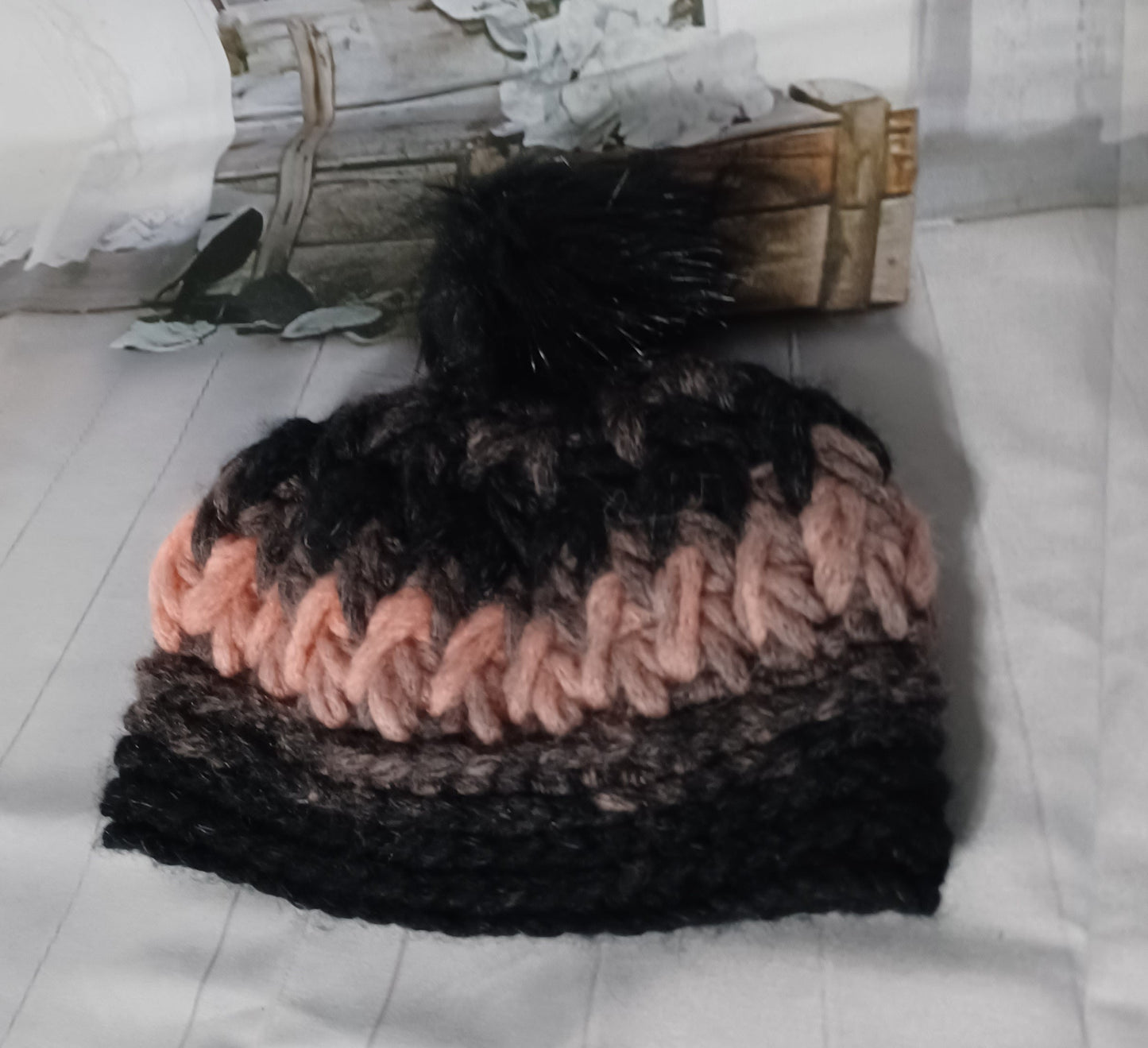 Child's Black & Peach Pom-Pom Hat