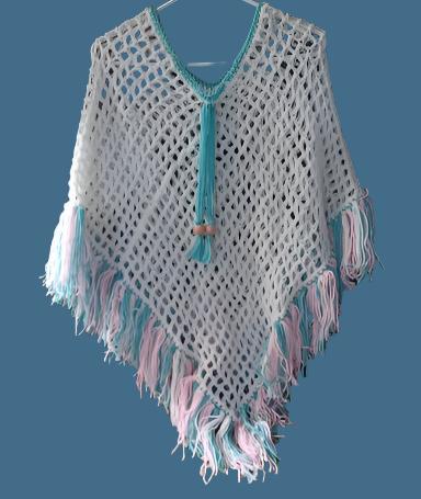 Handmade White openwork Poncho w/Fringe