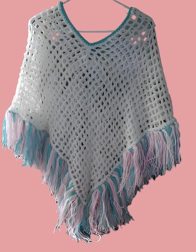 Handmade White openwork Poncho w/Fringe