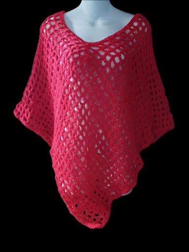 Solid Red Crocheted Openwork Poncho