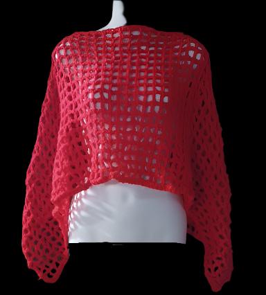 Solid Red Crocheted Openwork Poncho