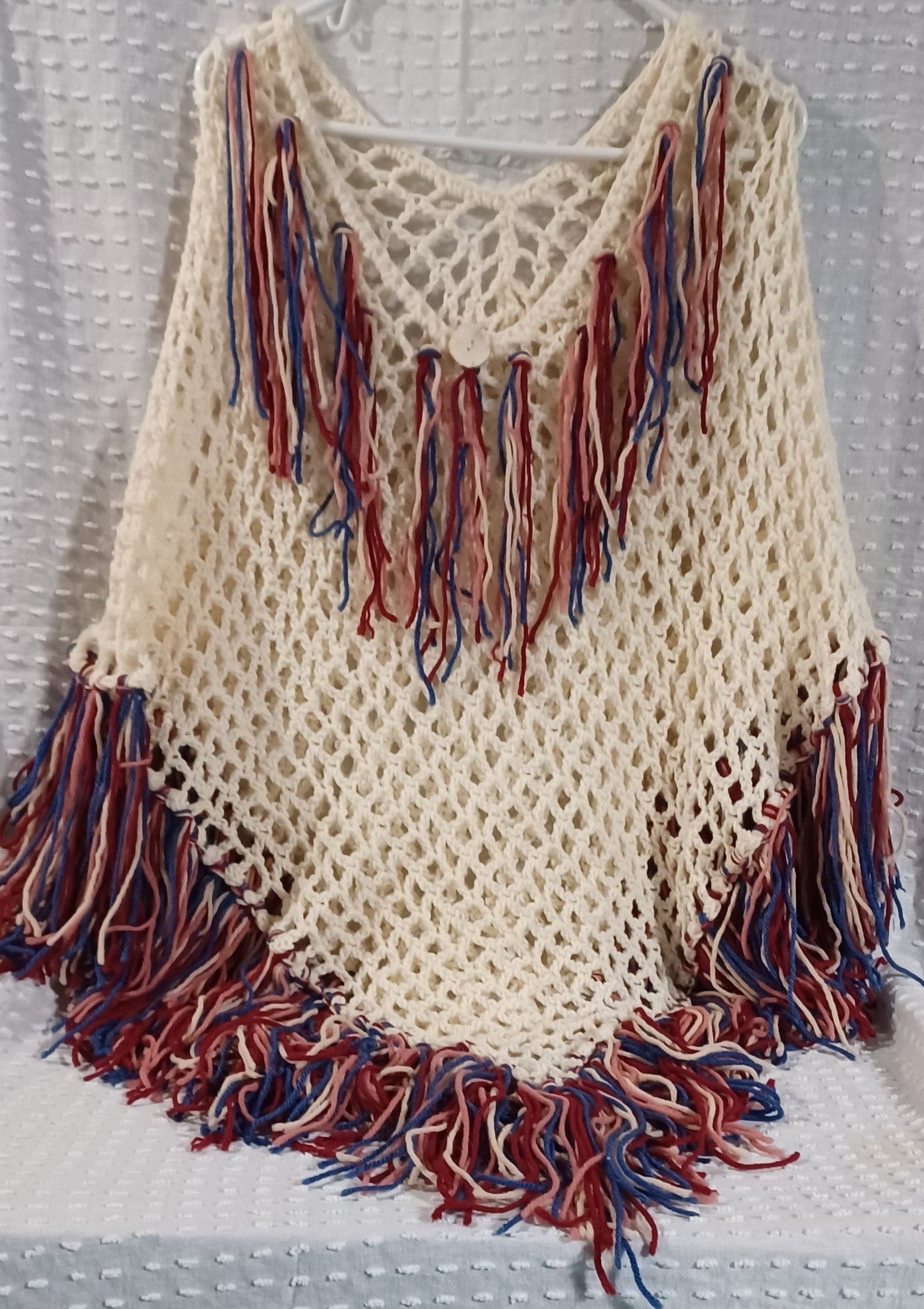 Cream Color Poncho with Fringe