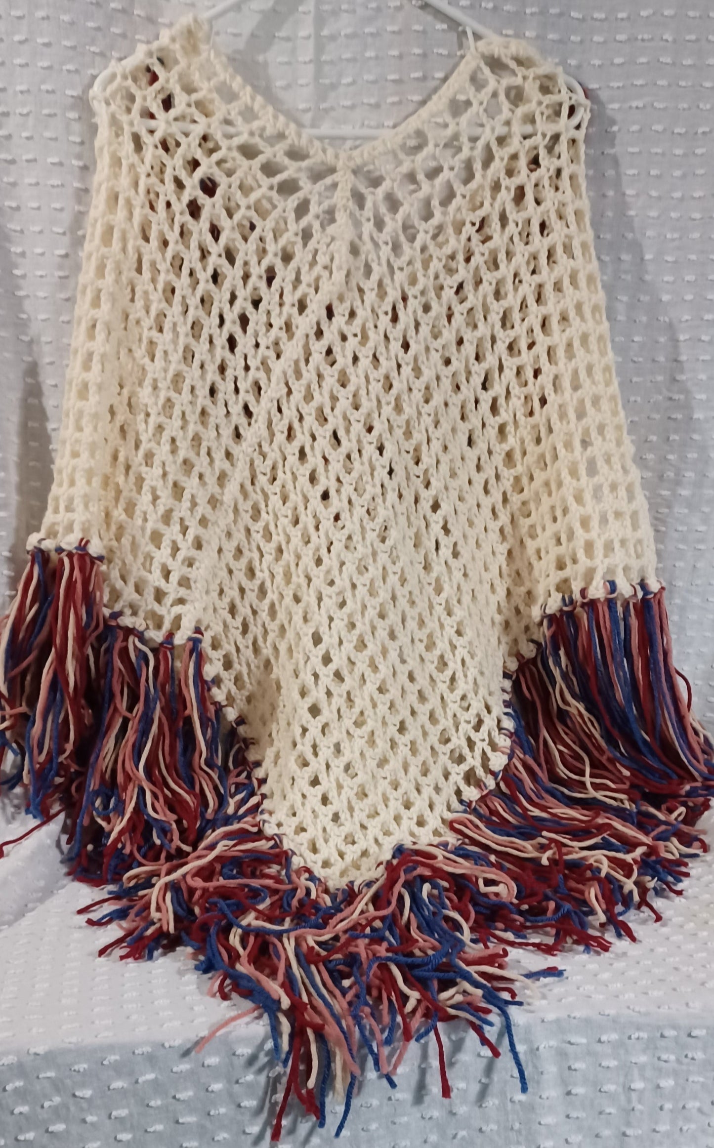 Cream Color Poncho with Fringe