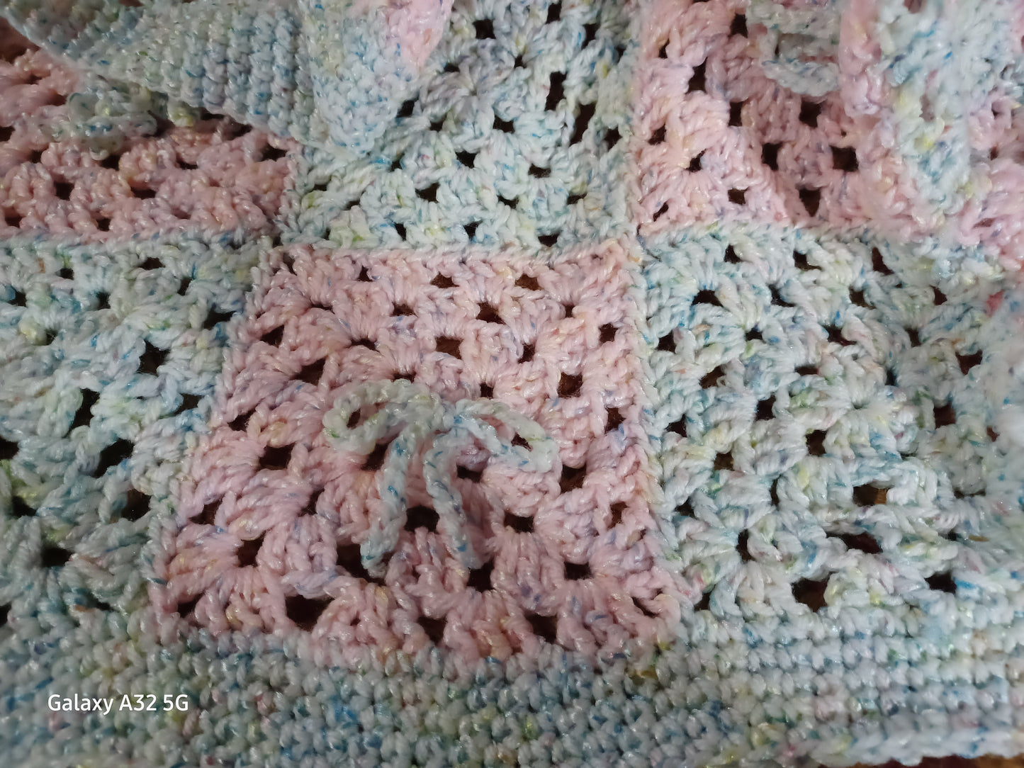 Blue and Pink Granny Square Baby Blanket with Bow Ties