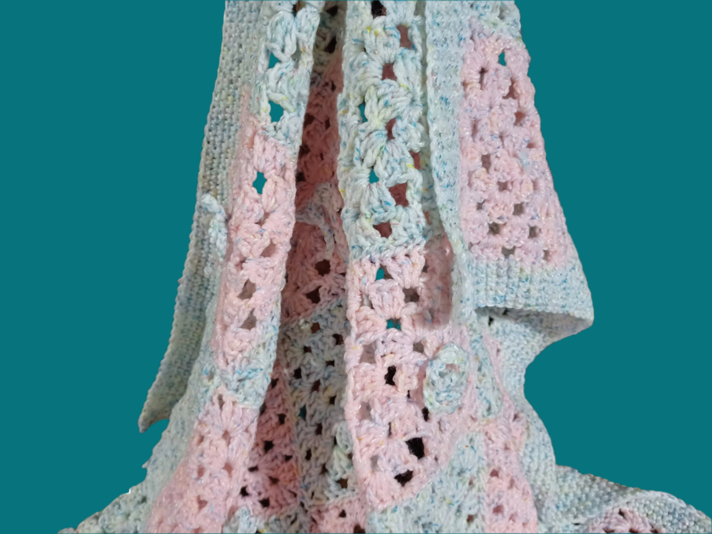 Blue and Pink Granny Square Baby Blanket with Bow Ties