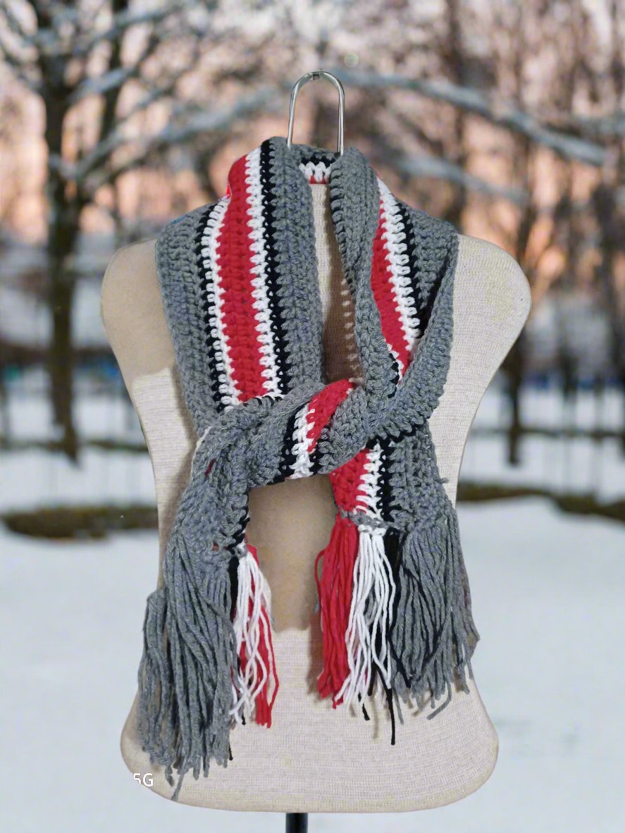 Scarlet & Gray Crocheted Fringed Scarf