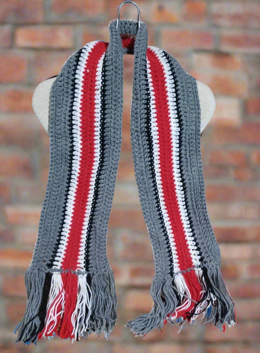 Scarlet & Gray Crocheted Fringed Scarf