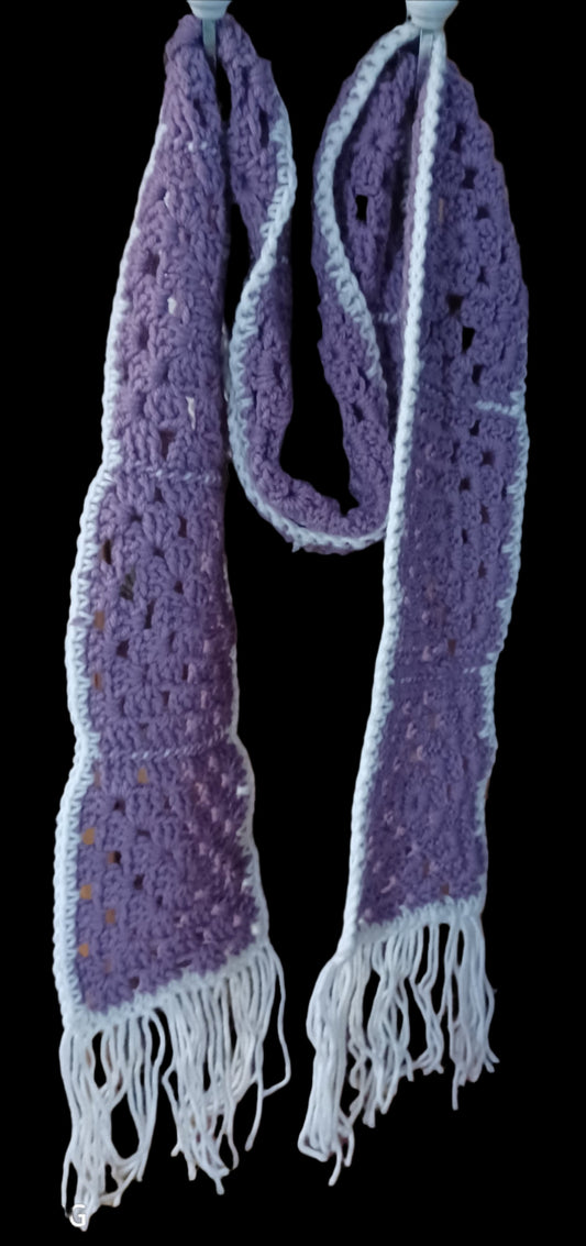 Handmade Granny Square Scarf Purple & White