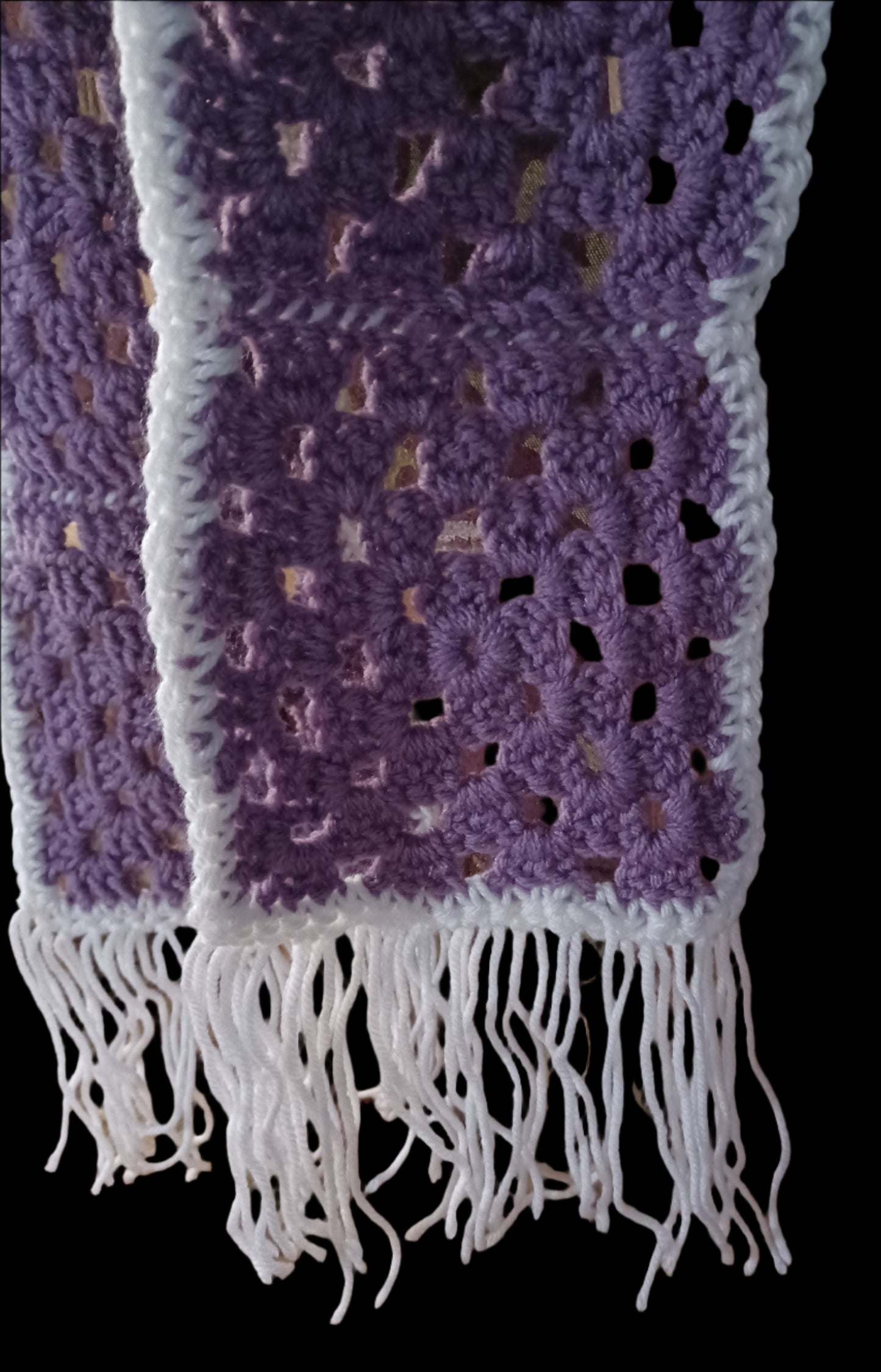 Handmade Granny Square Scarf Purple & White