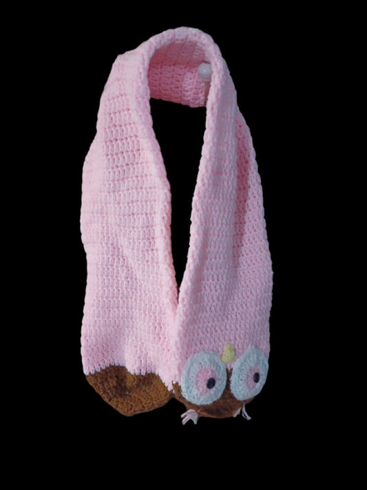 Crocheted Owl Scarf Two Layers Thick Pink