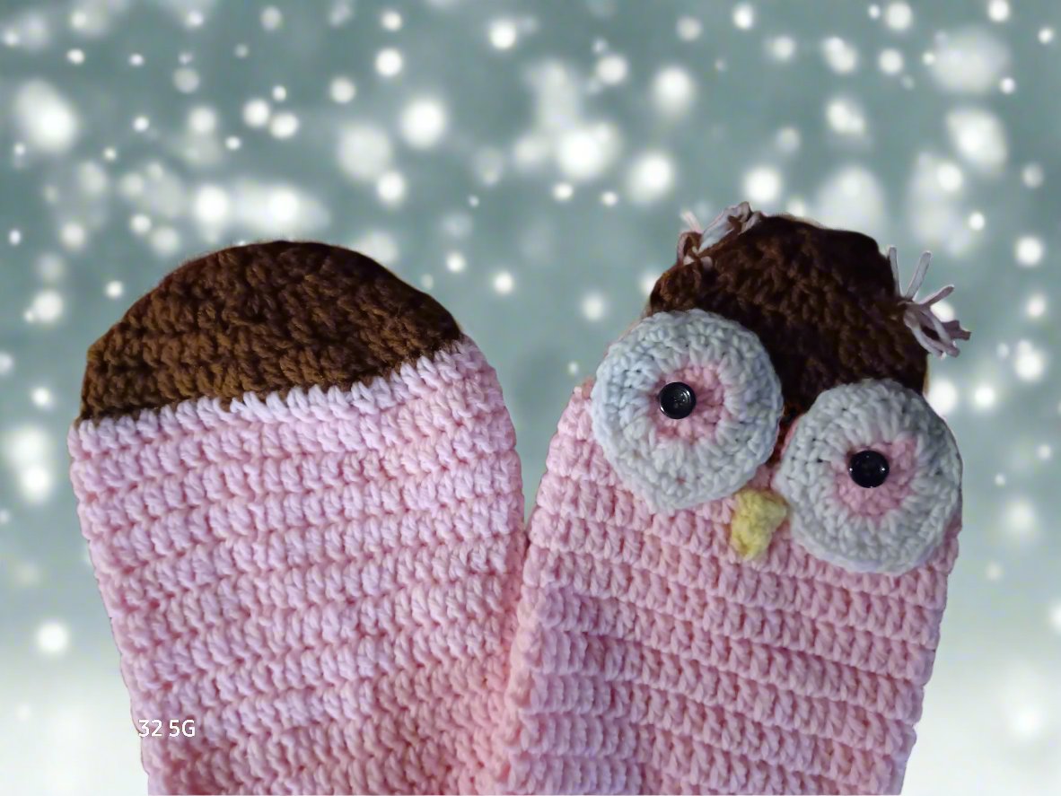 Crocheted Owl Scarf Two Layers Thick Pink