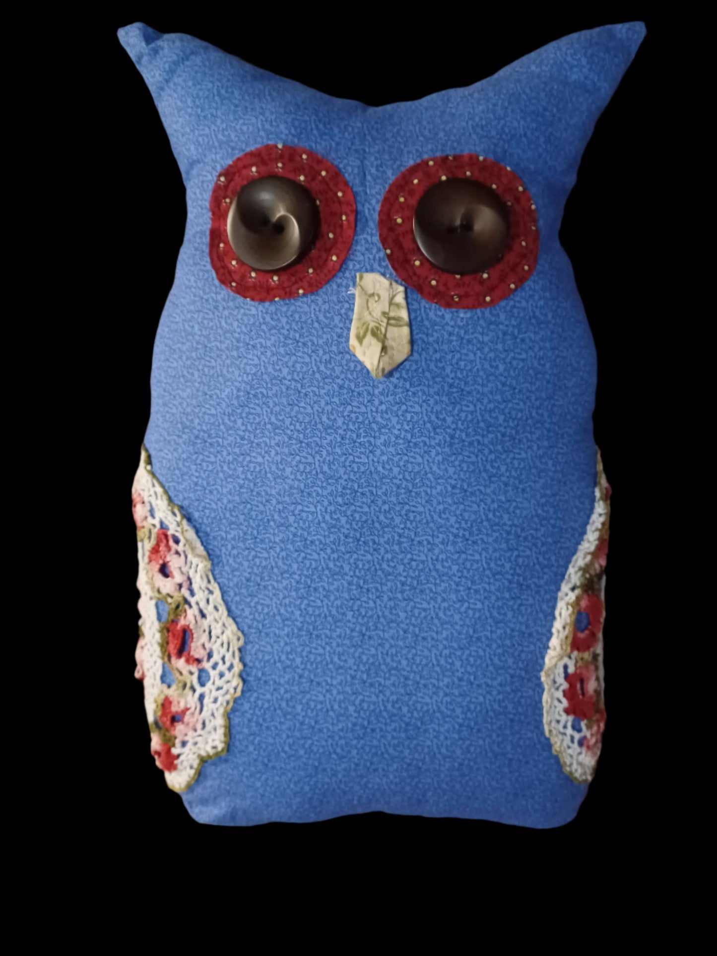 Blue Owl Pillow w/ Doily Accents