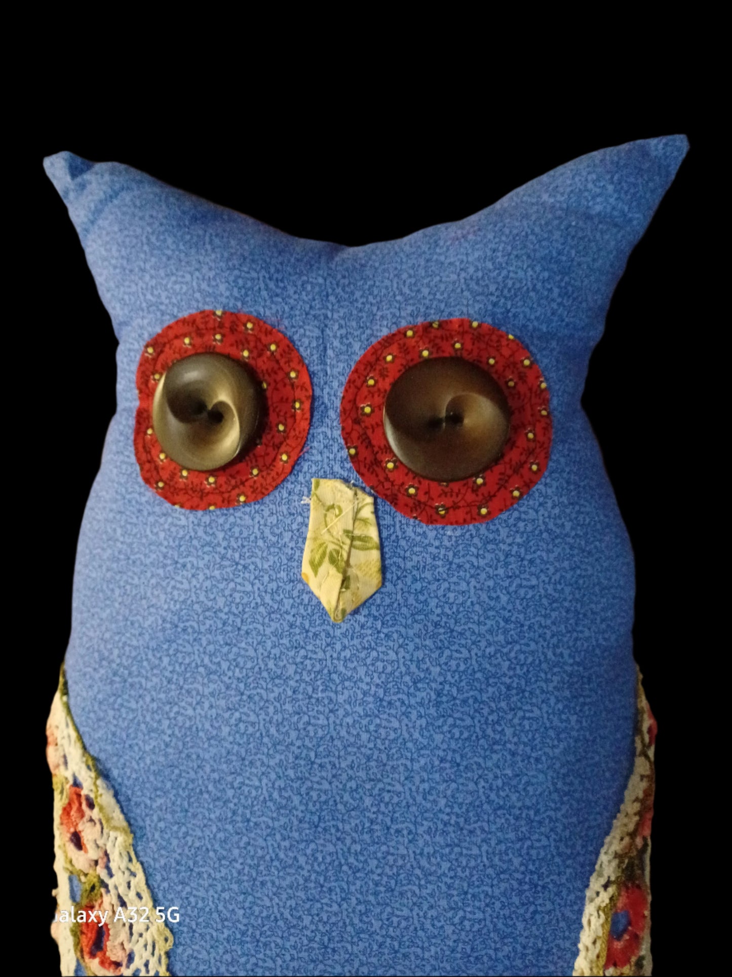 Blue Owl Pillow w/ Doily Accents