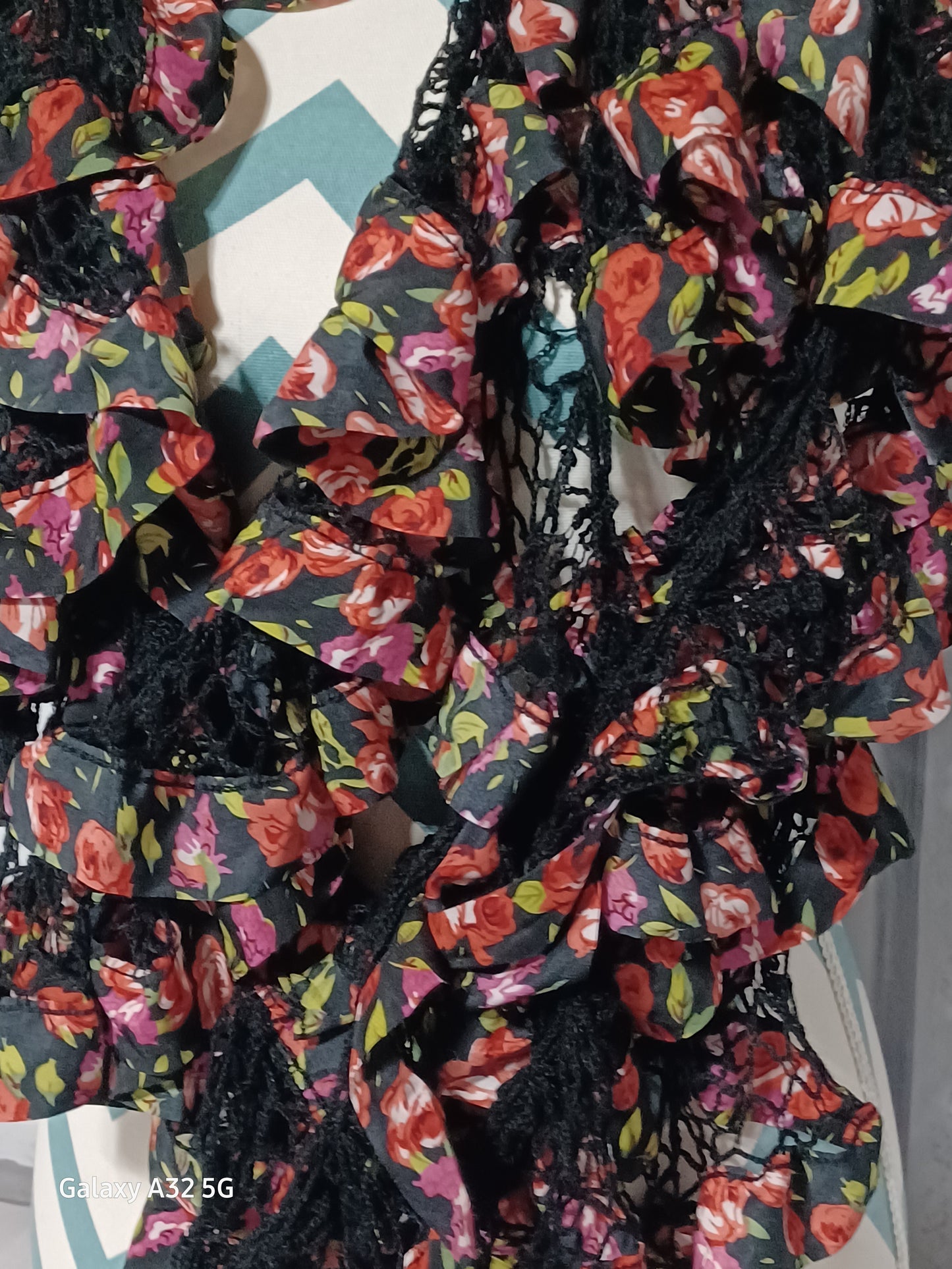 Crochet Rose & Black Skinny Infinity Scarf