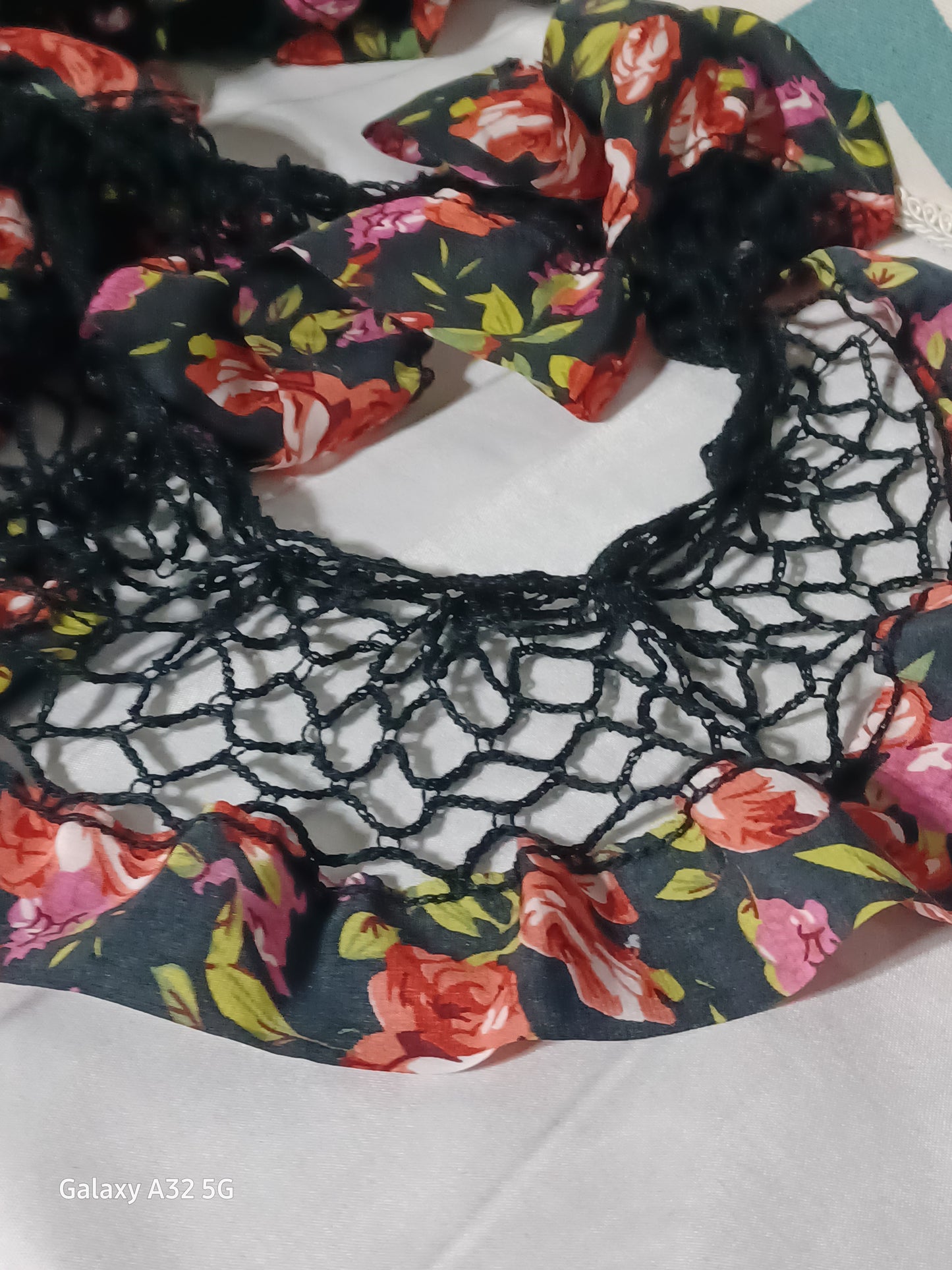 Crochet Rose & Black Skinny Infinity Scarf