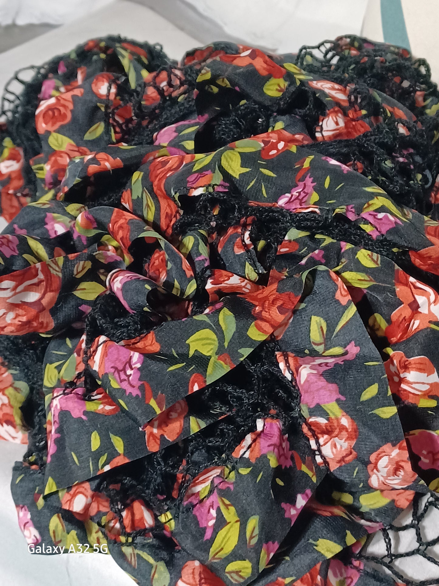 Crochet Rose & Black Skinny Infinity Scarf